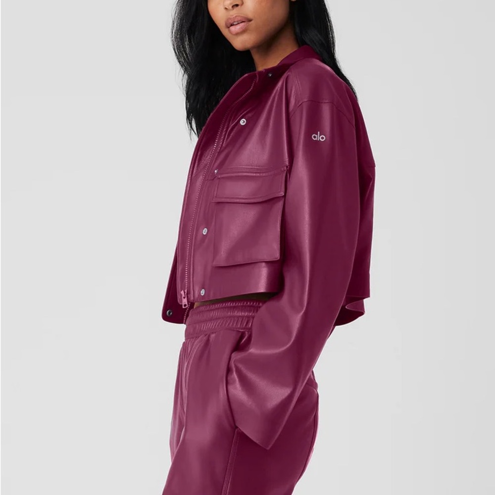 Wild berry Alo yoga cropped jacket Faux Leather Power Hour Jacket